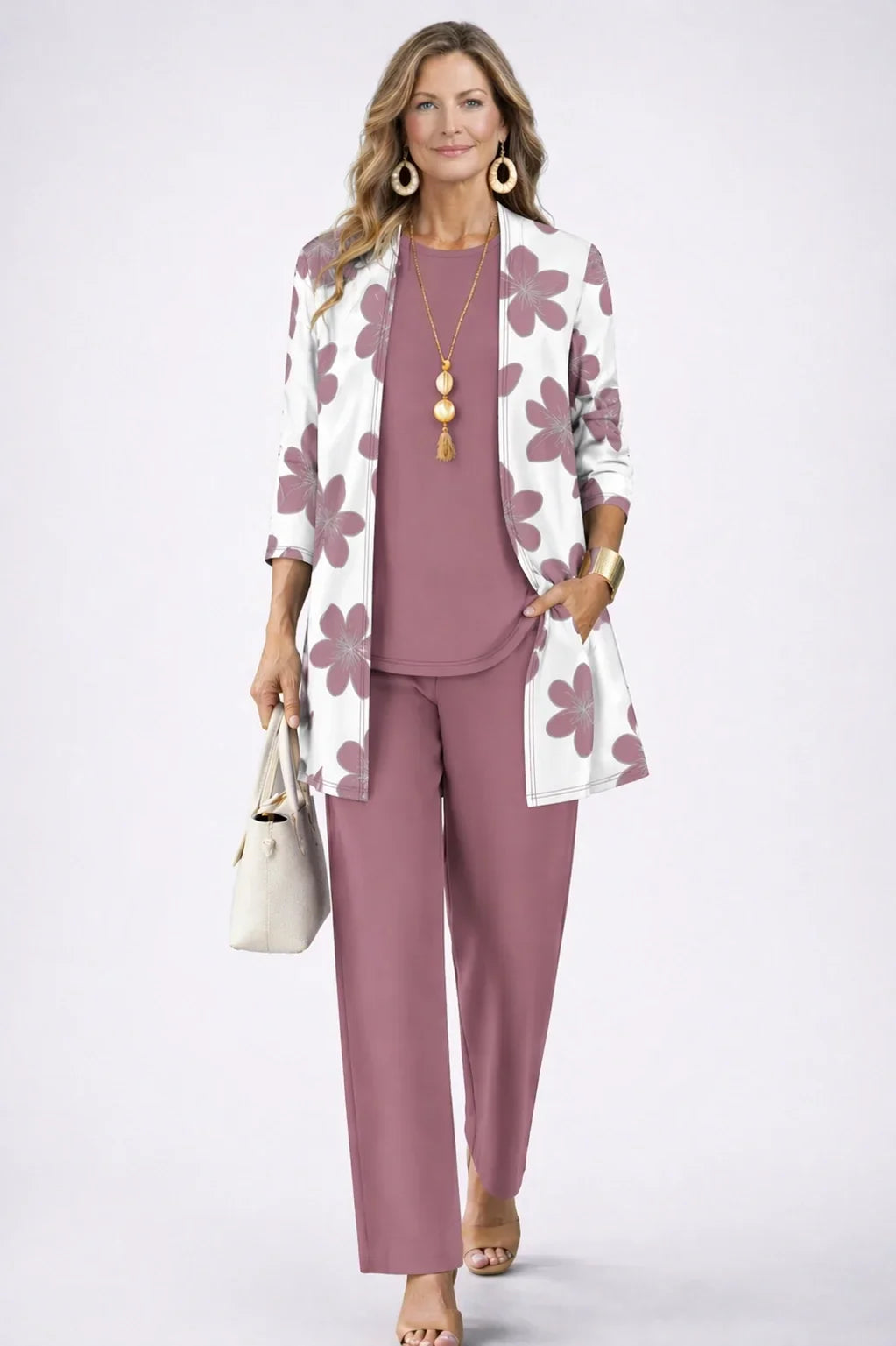 Roxane | Ensemble trois pièces fleuri rose poudré
