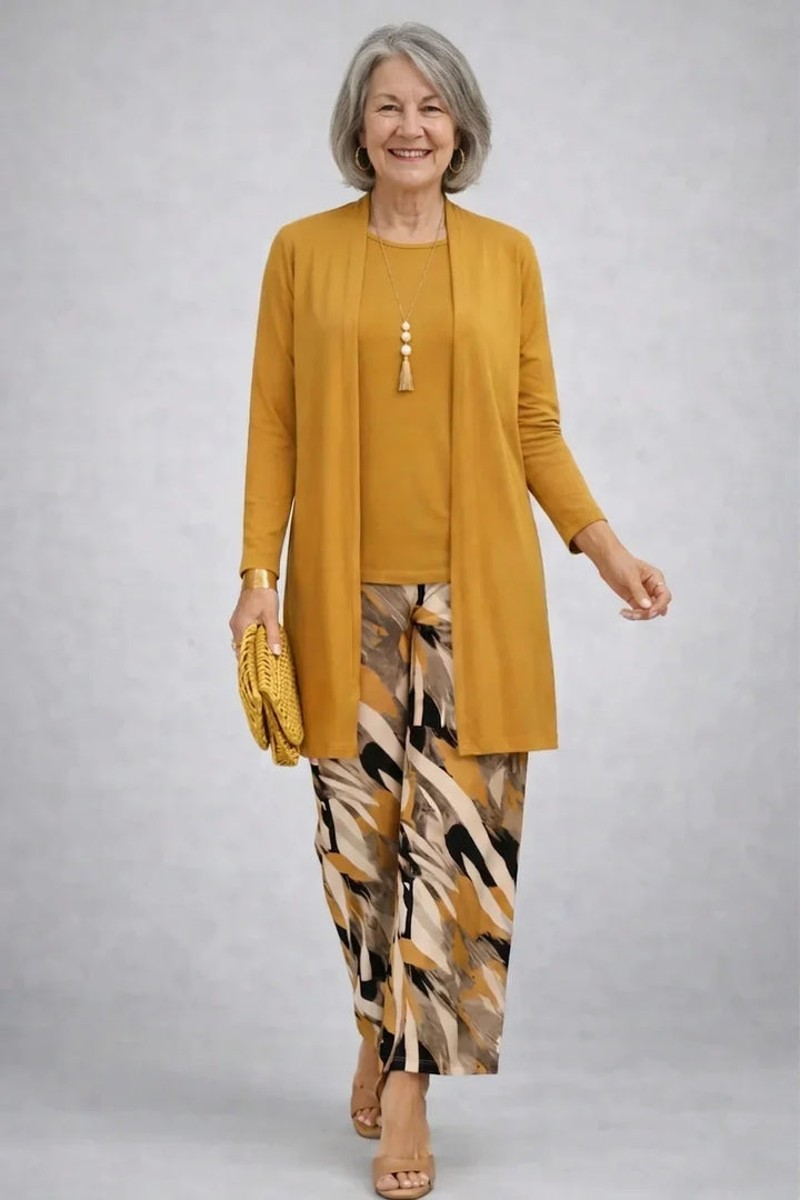 Yolande | Ensemble trois pièces moutarde à pantalon imprimé