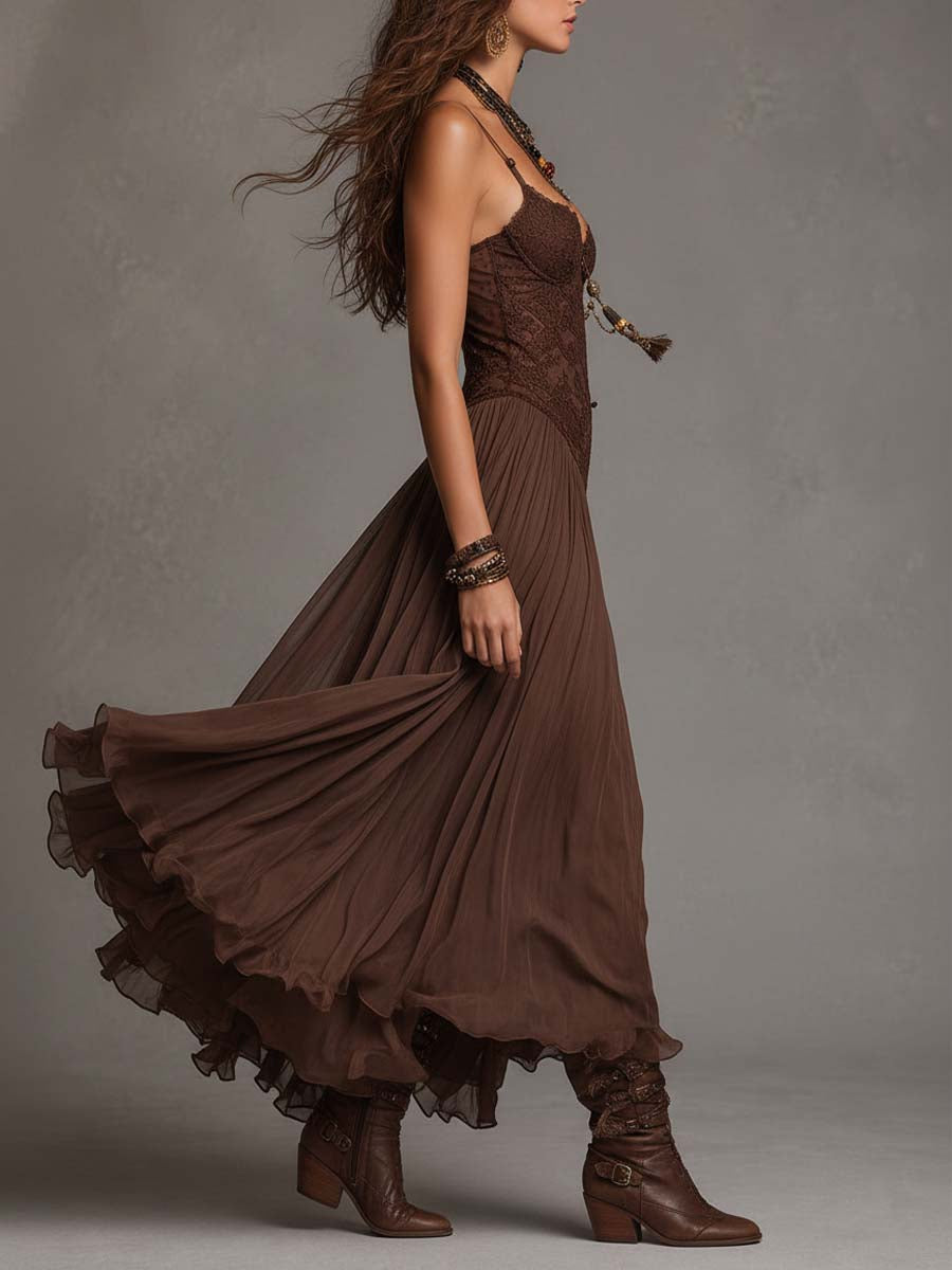 Félicie | Robe longue en mousseline et dentelle marron