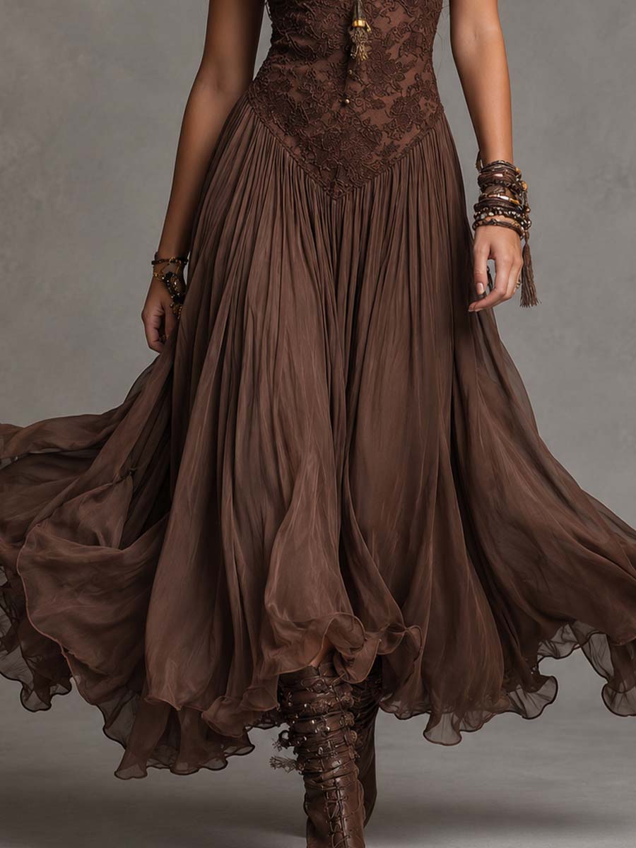 Félicie | Robe longue en mousseline et dentelle marron