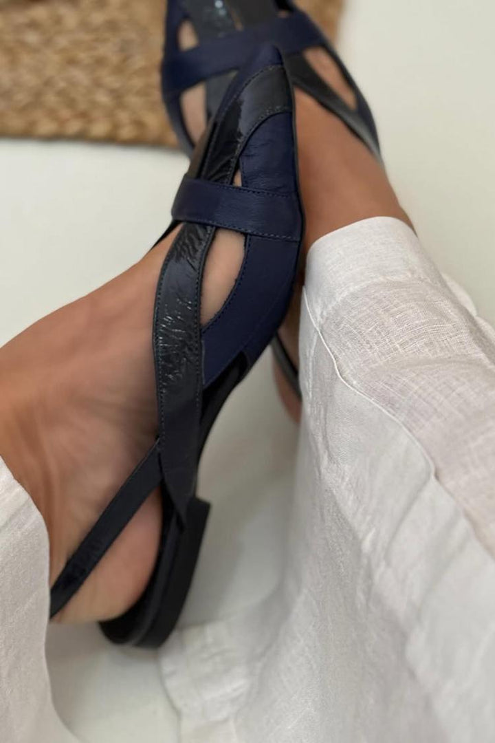 Ballerines slingback découpées patchwork Bleu Marine à pointe