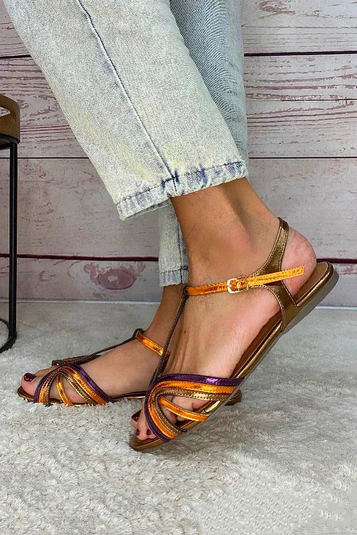 Sandales peep toe Multicolore et Or avec boucle et bride en T