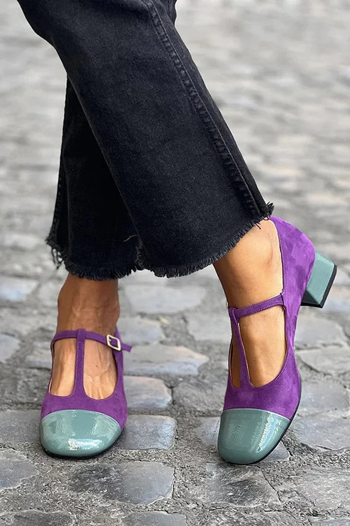 Talons larges color block Violet à bout rond avec boucle et bride en T