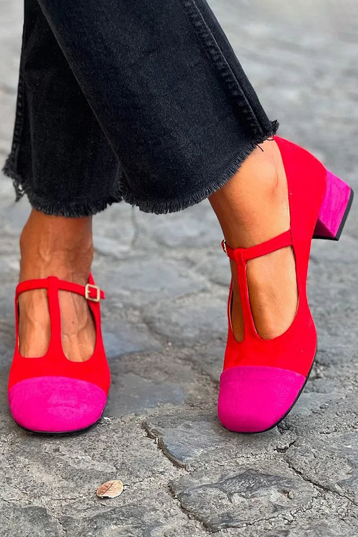 Talons larges patchwork Rouge à bout rond avec boucle et bride en T