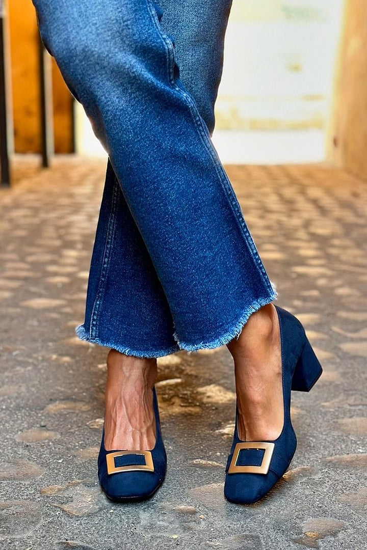 Talons larges patchwork Bleu Marine à bout carré