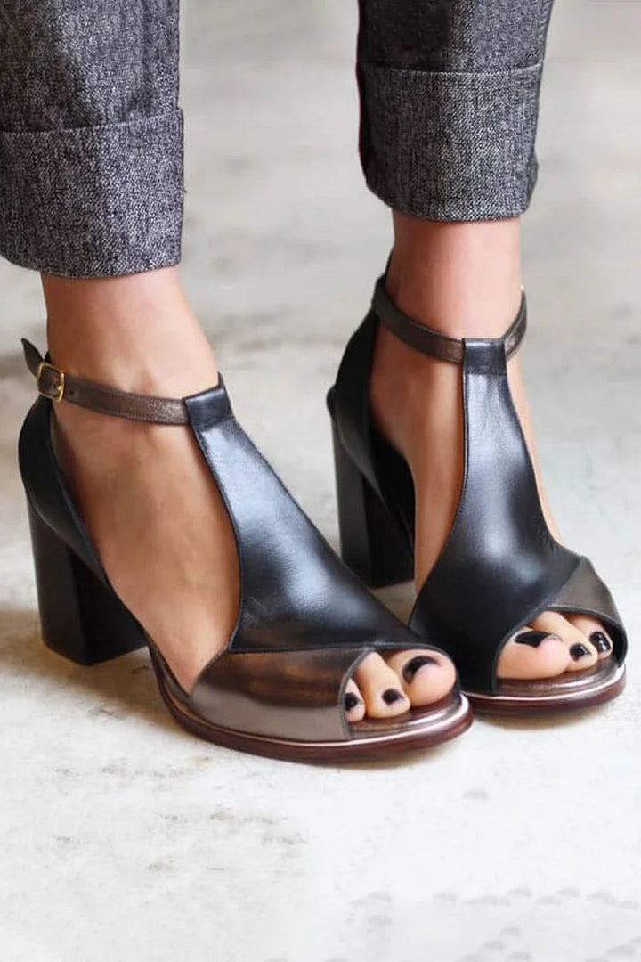 Talons larges peep toe patchwork Noir avec bride de cheville