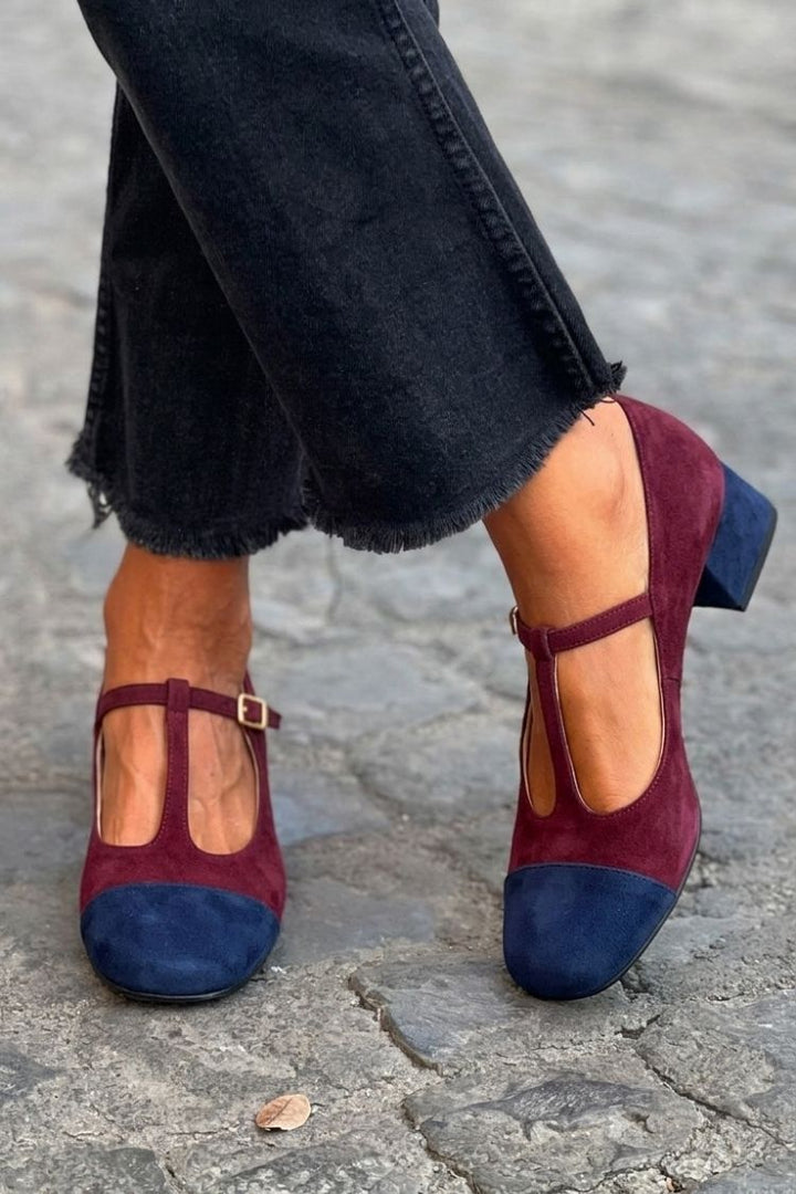 Talons larges patchwork Rouge à bout rond avec boucle et bride en T