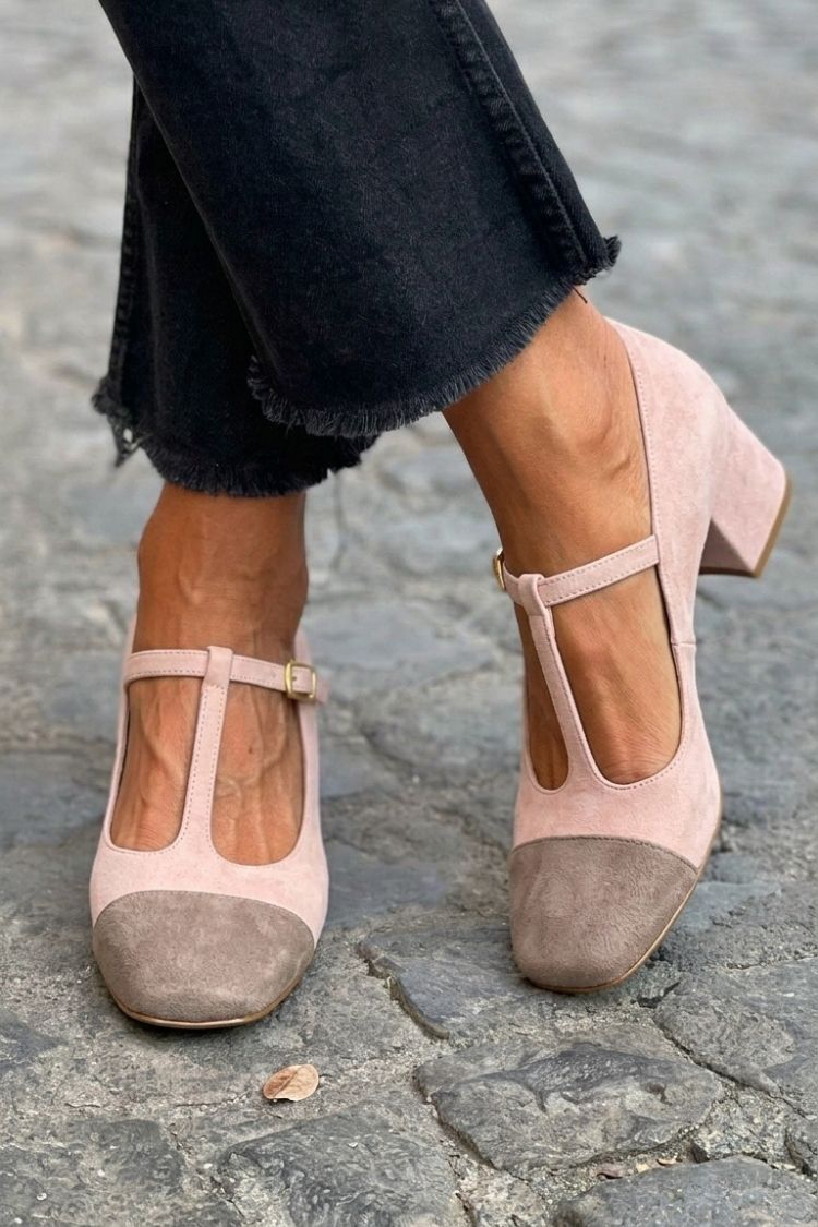 Talons larges patchwork Rouge à bout rond avec boucle et bride en T