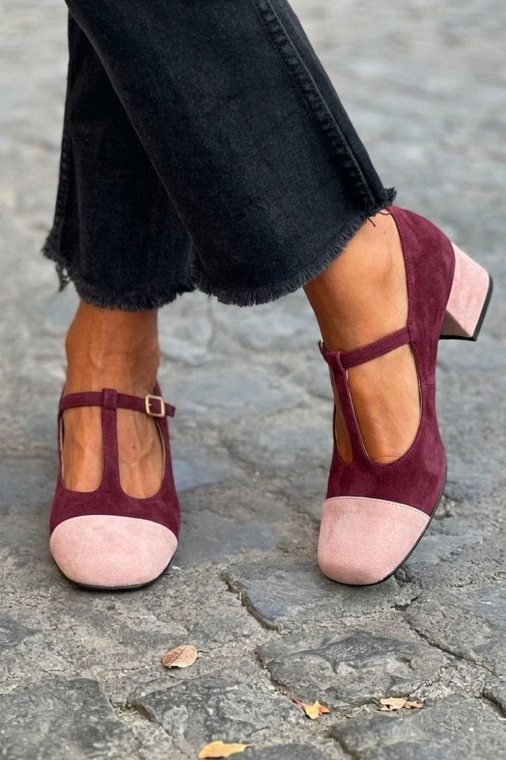 Talons larges patchwork Rouge à bout rond avec boucle et bride en T