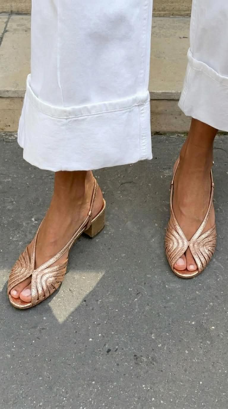 Talons bloc slingback peep toe tressés métallisés Or Rose