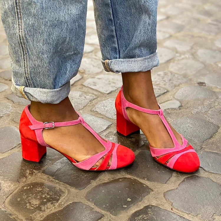 Talons larges cut-out color block Fuchsia avec boucle et bride en T