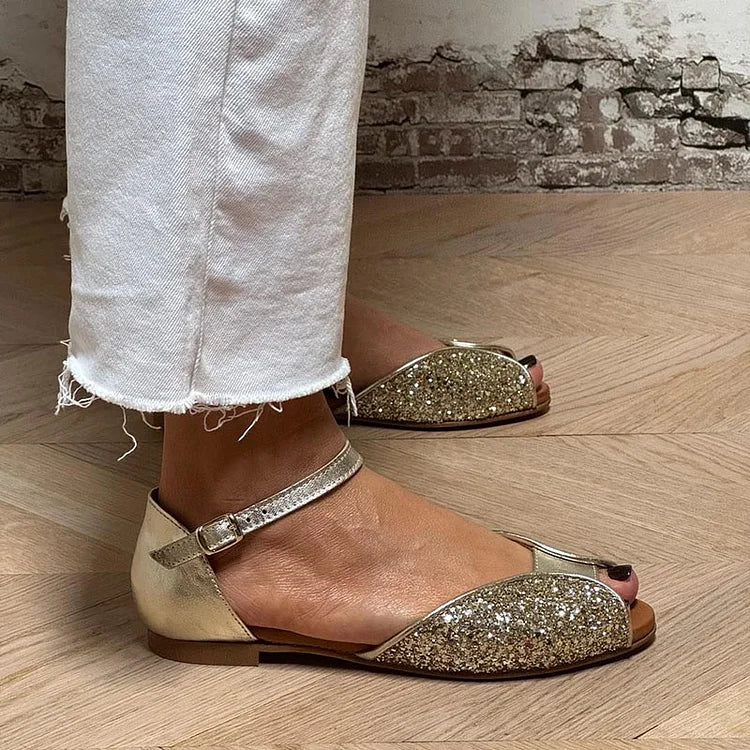 Sandales peep toe paillettes patchwork Or avec bride de cheville et boucle