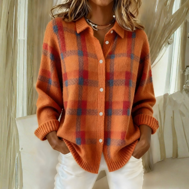 Hortense | Cardigan en maille à carreaux orange