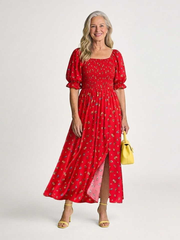 Delphine | Robe Midi à Manches Bouffantes et Décolleté Carré à Fleurs