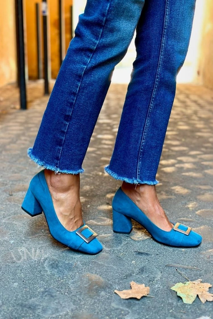 Talons larges patchwork Bleu Marine à bout carré