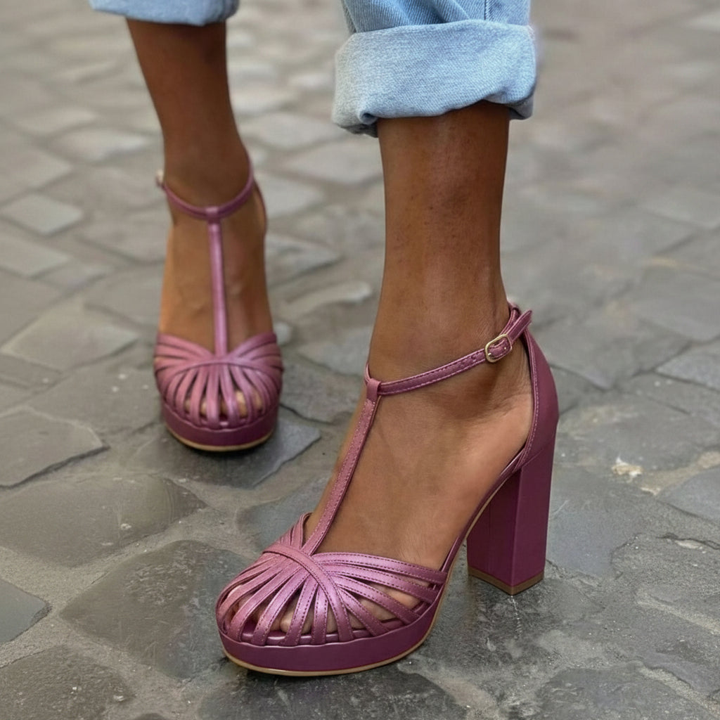 Sandales violettes à bout rond avec bride T, plateforme et talon large à bloc