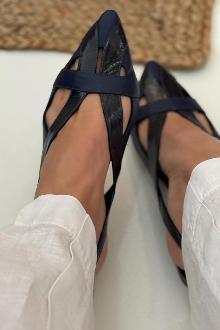 Ballerines slingback découpées patchwork Bleu Marine à pointe