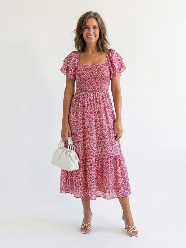 Odette | Robe Midi Florale à Épaules Nues