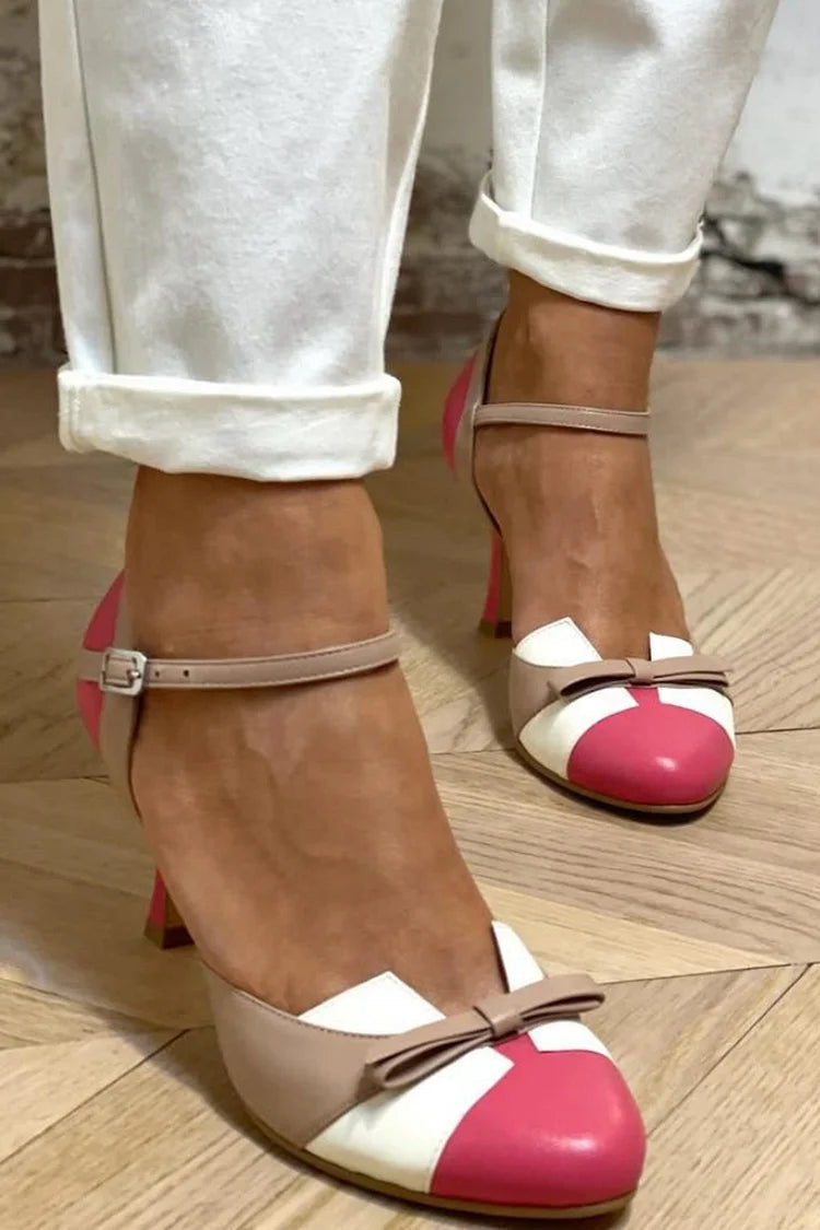 Talons aiguilles color block patchwork Fuchsia à bout rond avec nœud
