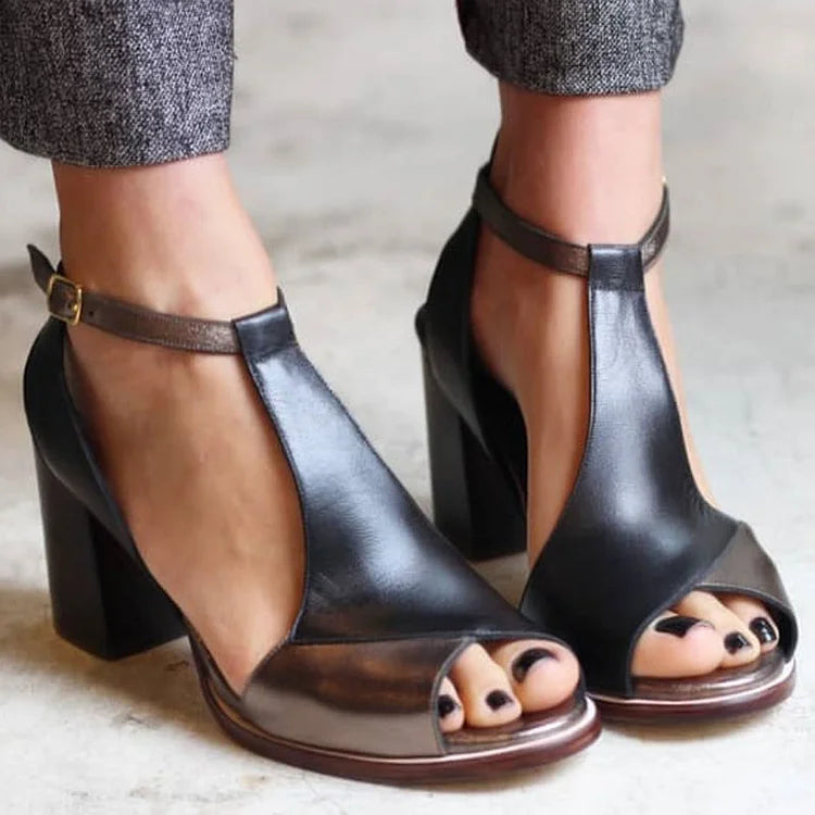 Talons larges peep toe patchwork Noir avec bride de cheville