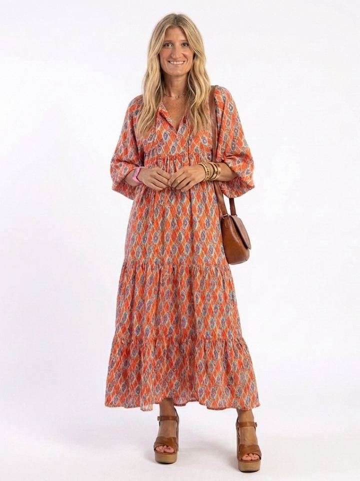 Amara | Robe Midi à Imprimé Géométrique avec Col V