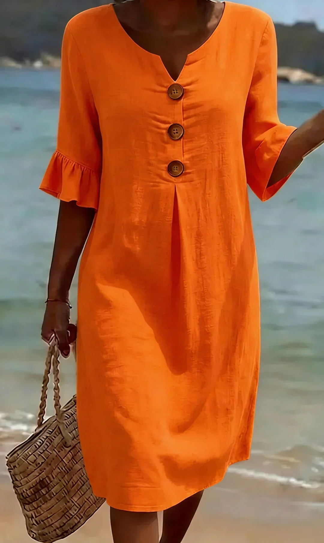 Vanesa | Robe en lin texturé avec manches ballon et boutons