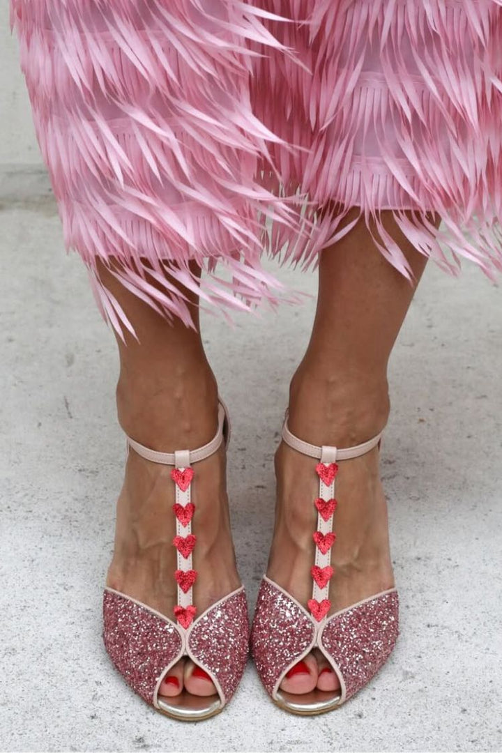 Sandales paillettes Rose et Rouge avec bride T, cœur et talon bloc