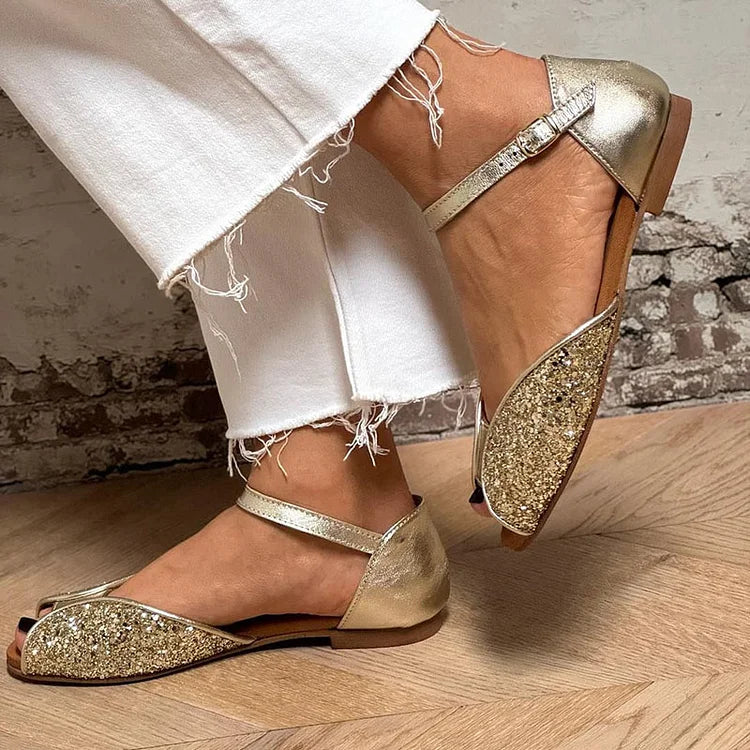 Sandales peep toe paillettes patchwork Or avec bride de cheville et boucle