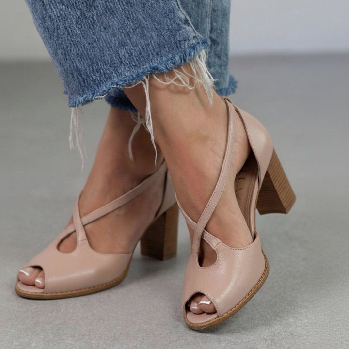 Sandales élégantes Rose Poudré et Rose à bout ouvert avec des brides croisées et un talon bloc