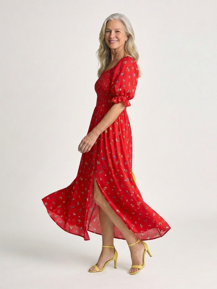 Delphine | Robe Midi à Manches Bouffantes et Décolleté Carré à Fleurs