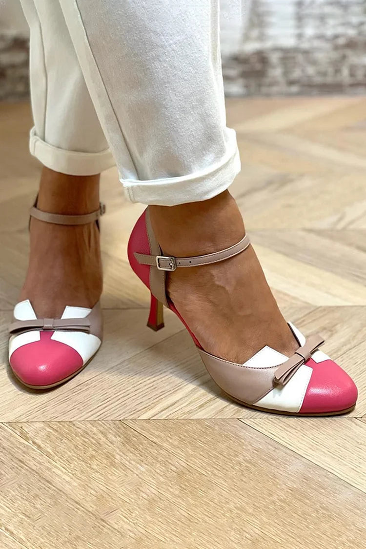 Talons aiguilles color block patchwork Fuchsia à bout rond avec nœud
