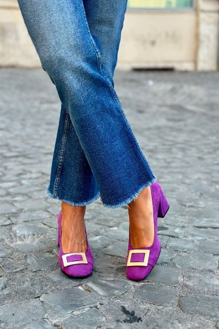 Talons larges patchwork Bleu Marine à bout carré