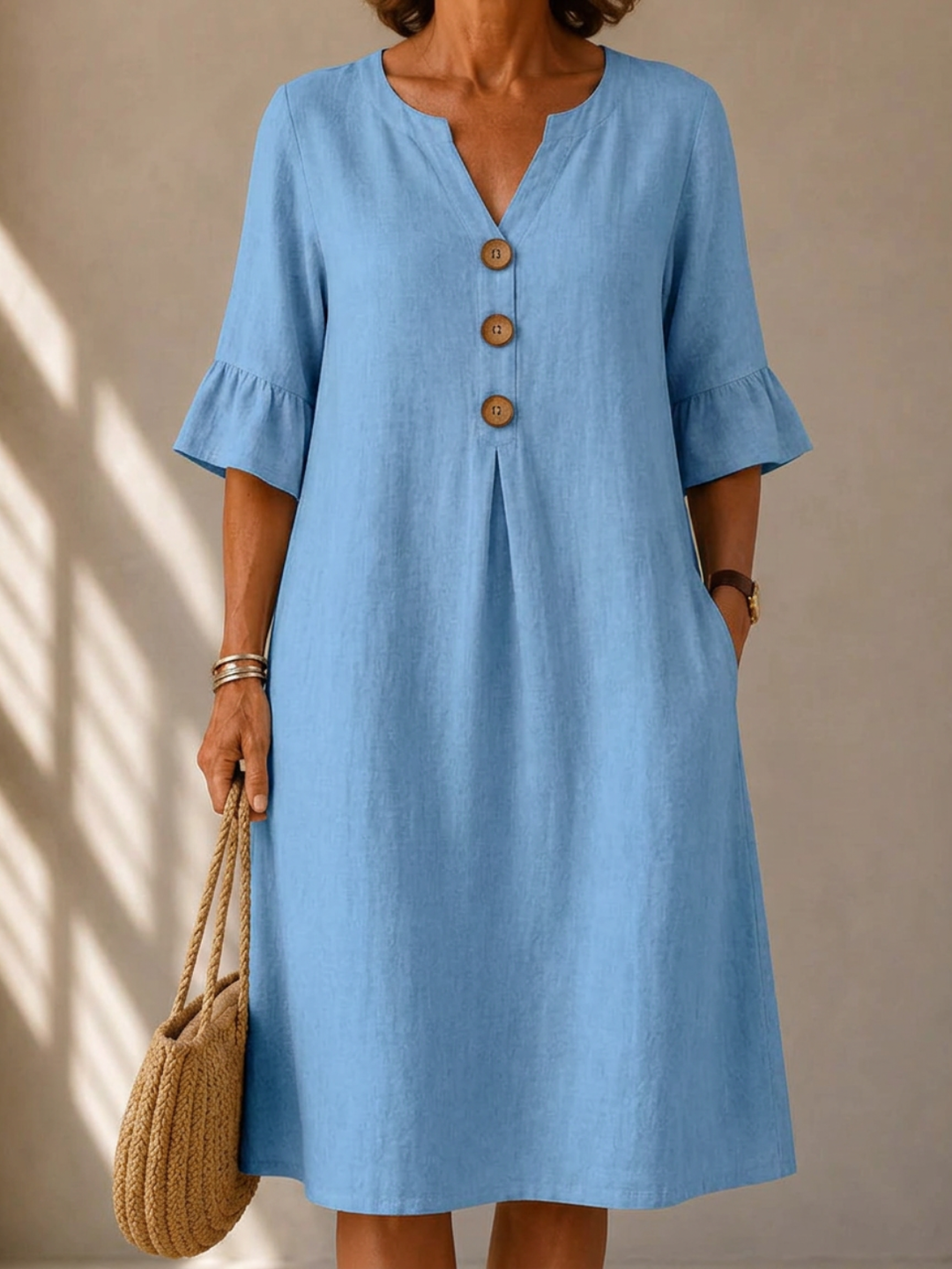 Lina | Robe fluide en coton et lin à boutons et pli creux