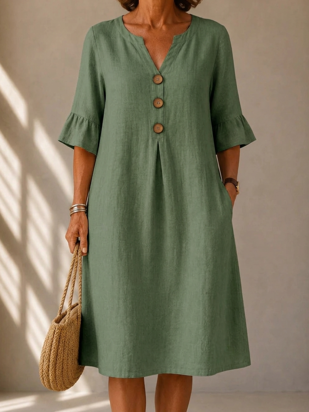 Lina | Robe fluide en coton et lin à boutons et pli creux