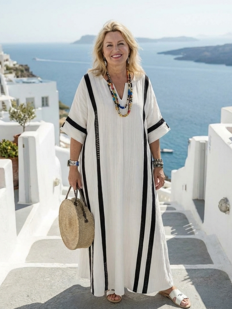 Elvienne | Robe Maxi à Manches Courtes en Color Block Rayé