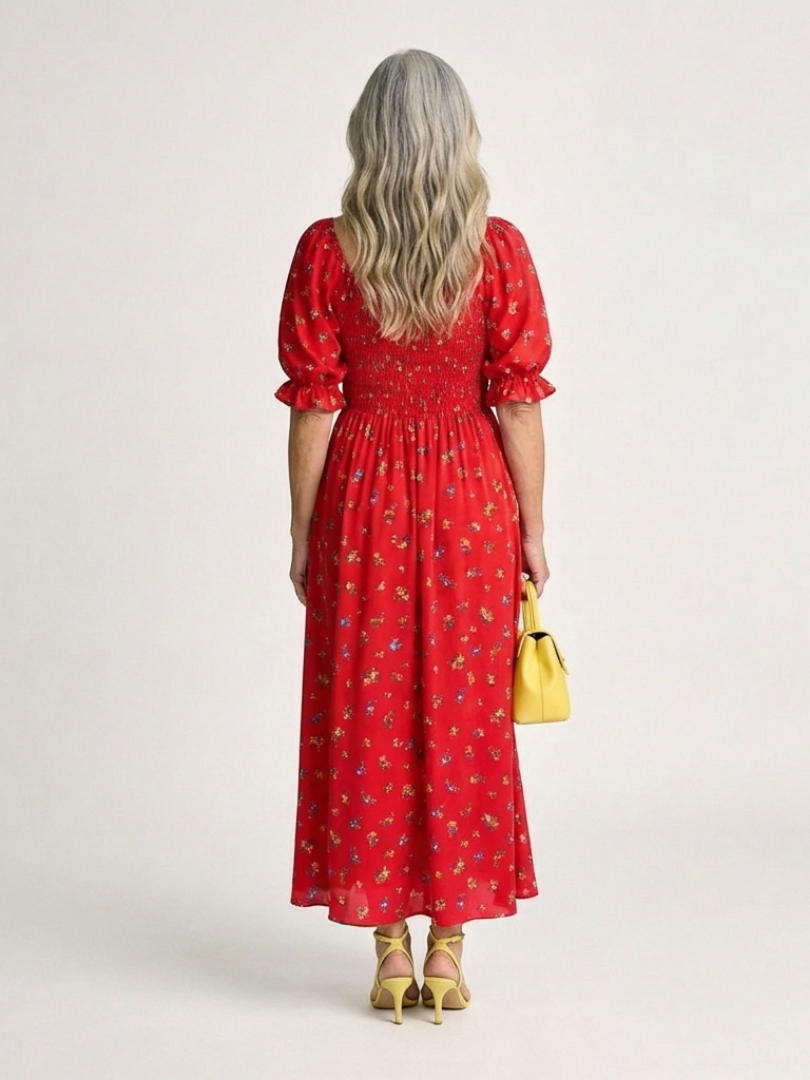 Delphine | Robe Midi à Manches Bouffantes et Décolleté Carré à Fleurs