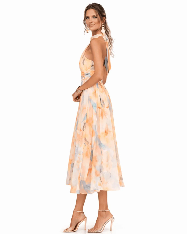 Aurore | Robe à décolleté Halter et Impression Aquarelle