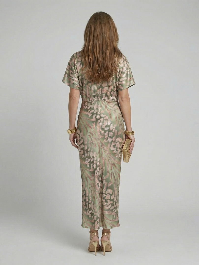 Coralie | Robe Midi à Imprimé Abstrait avec Décolleté en V et Taille Tordue