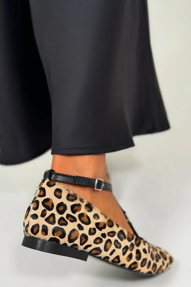 Ballerines color block imprimé léopard Beige avec boucle et bride en T