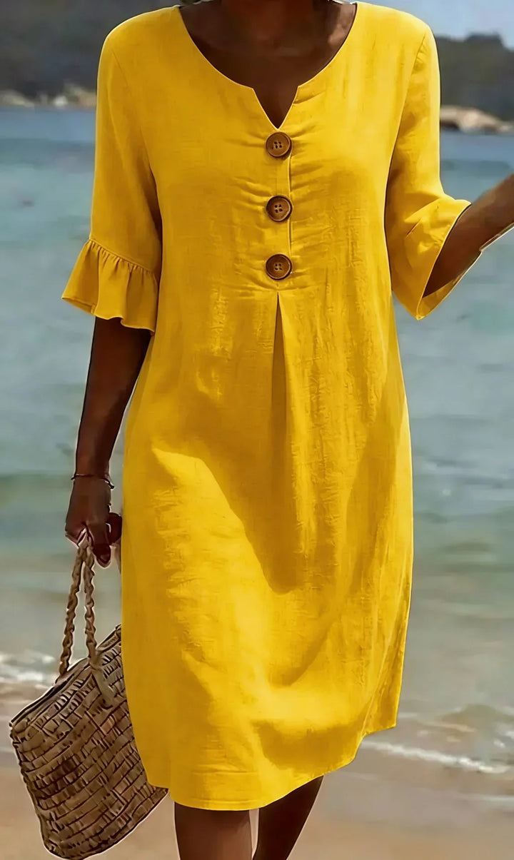 Vanesa | Robe en lin texturé avec manches ballon et boutons