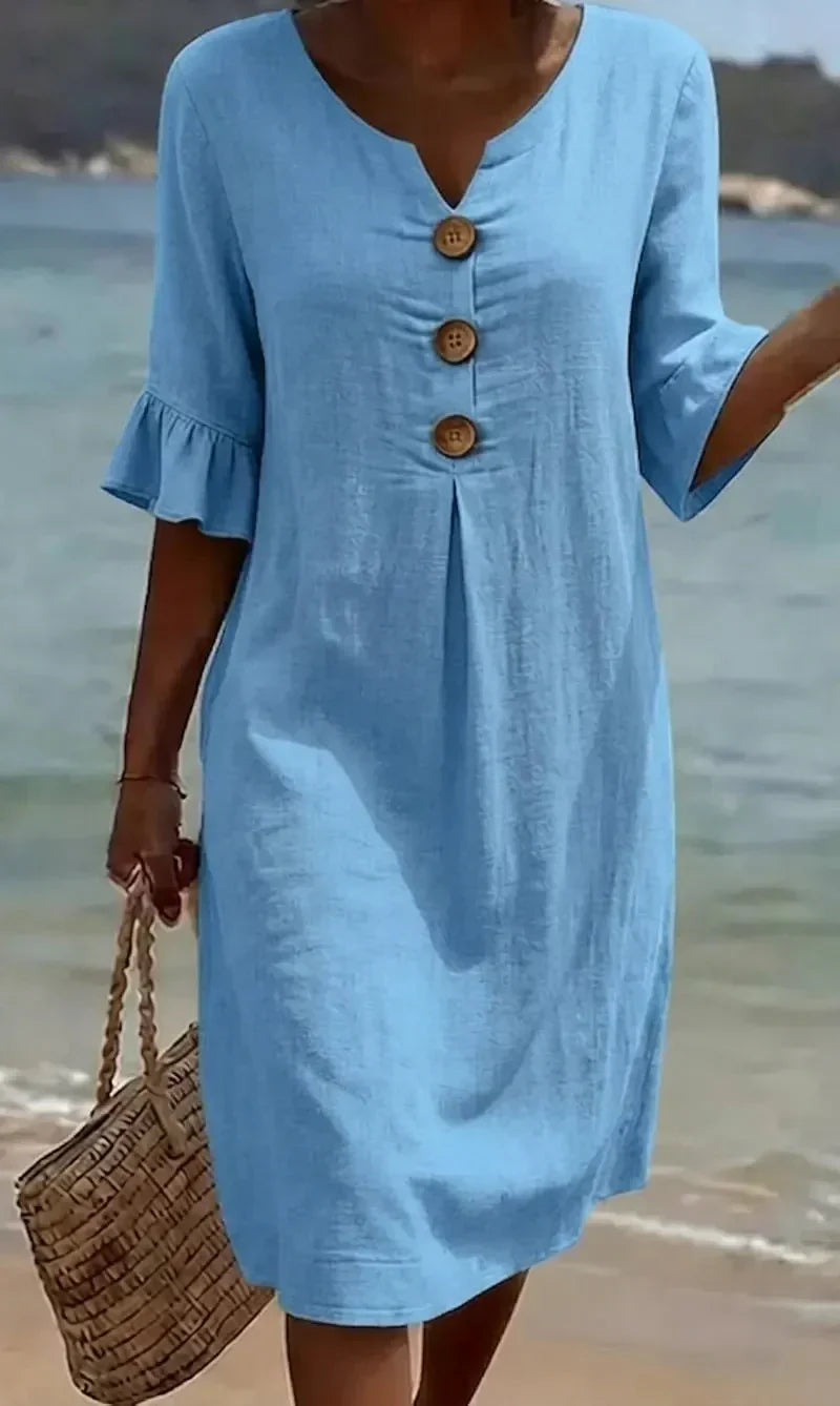 Vanesa | Robe en lin texturé avec manches ballon et boutons