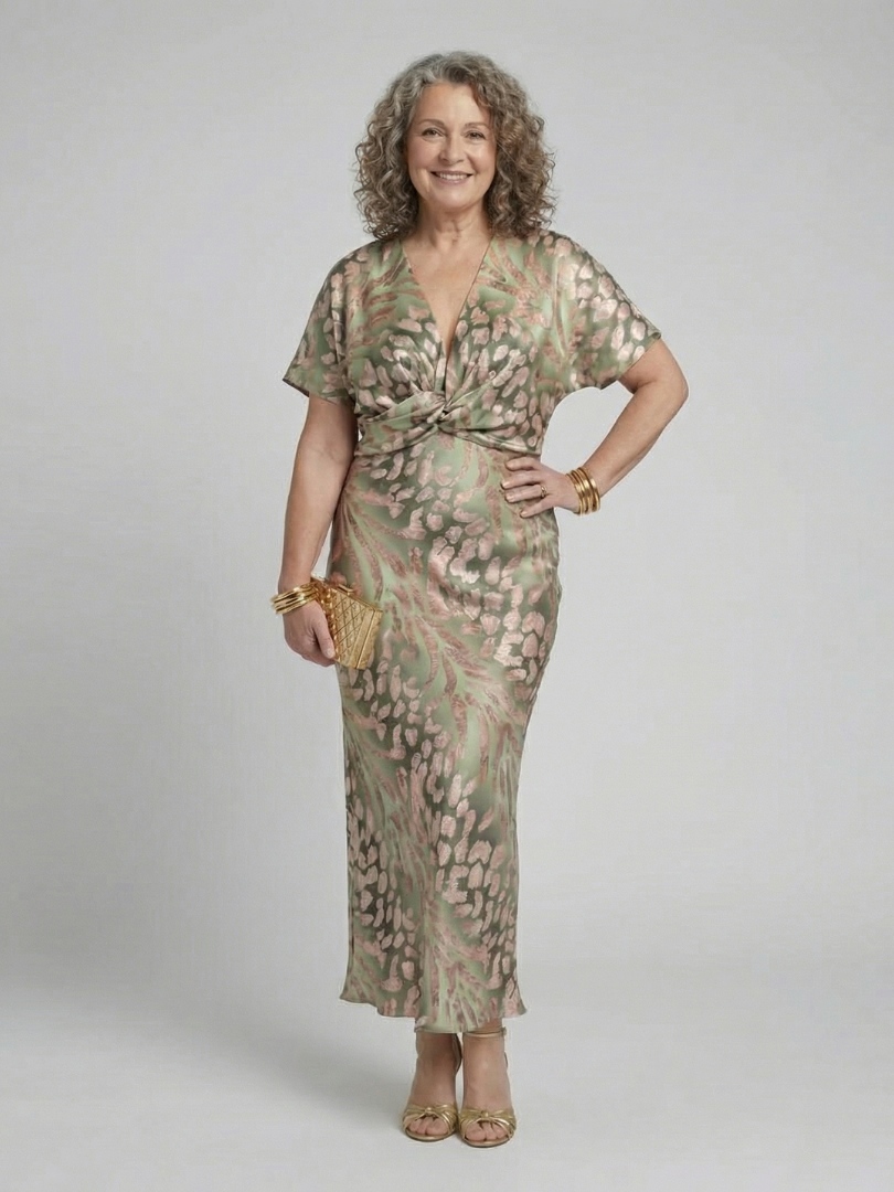 Coralie | Robe Midi à Imprimé Abstrait avec Décolleté en V et Taille Tordue