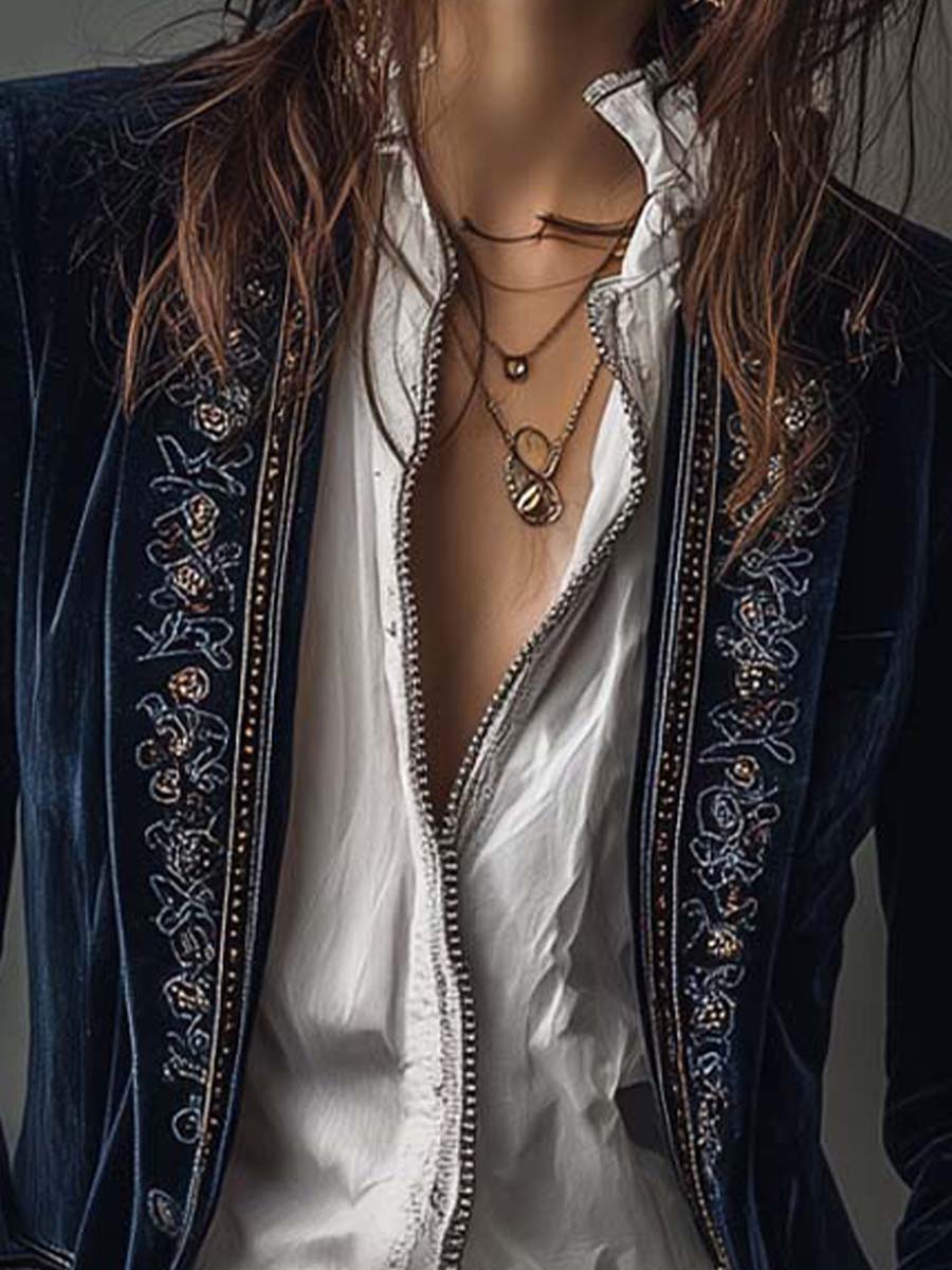 Athénaïs | Veste Longue Brodée Vintage Bleu Marine