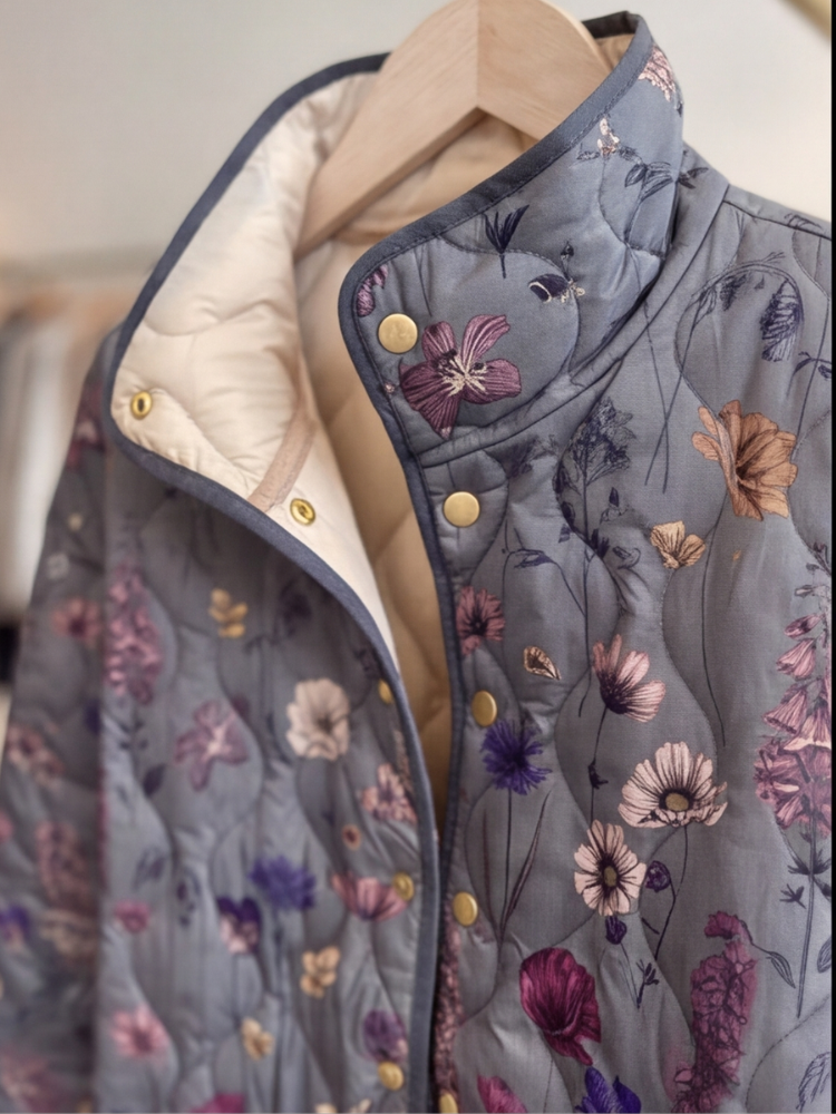 Aude | Manteau matelassé gris à imprimé floral vintage