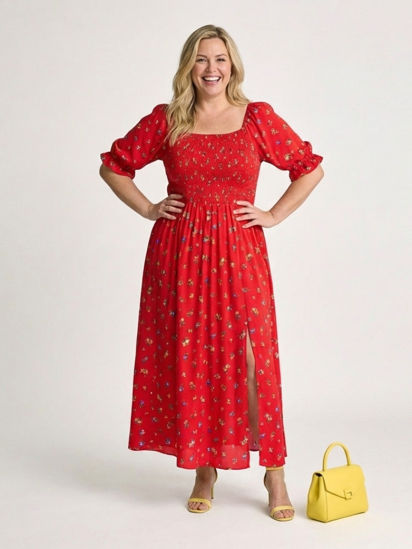 Delphine | Robe Midi à Manches Bouffantes et Décolleté Carré à Fleurs