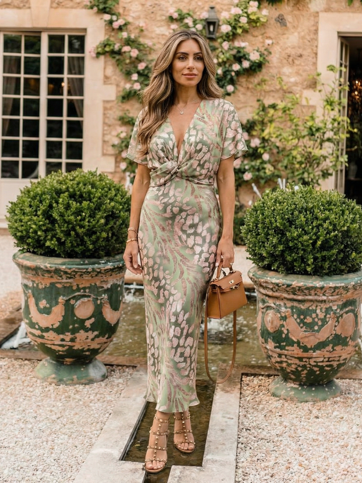 Coralie | Robe Midi à Imprimé Abstrait avec Décolleté en V et Taille Tordue