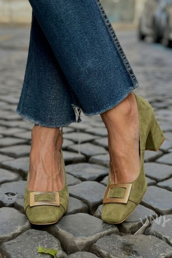Talons larges patchwork Bleu Marine à bout carré