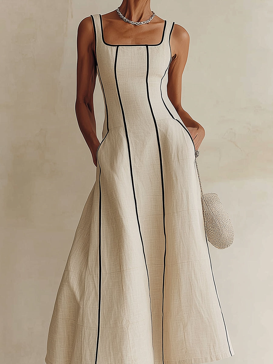 Amandine | Robe longue rayée en coton-lin à liseré noir