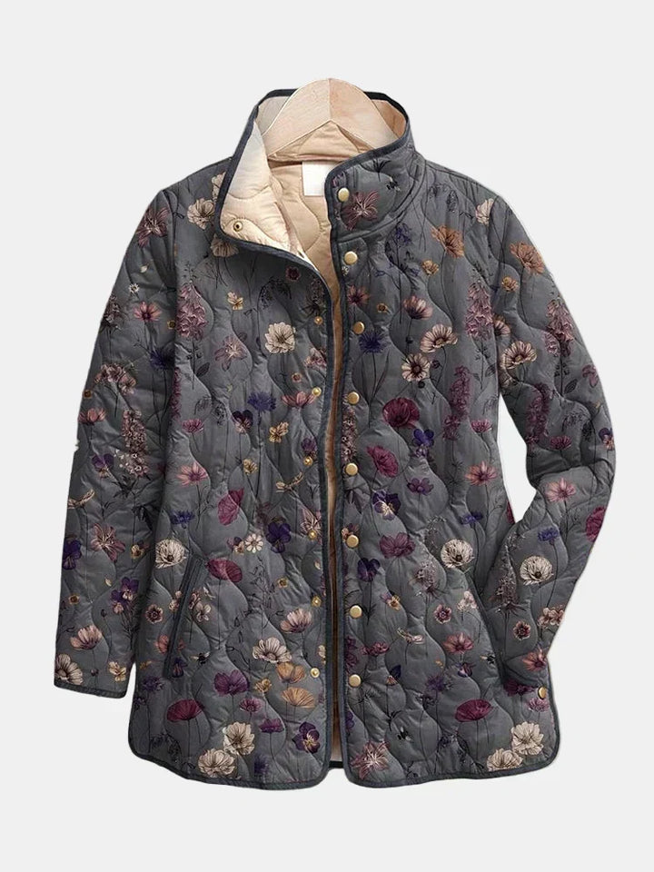 Aude | Manteau matelassé gris à imprimé floral vintage
