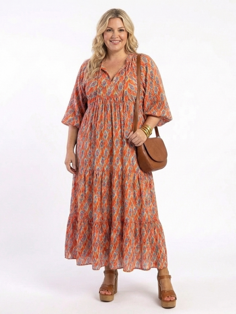 Amara | Robe Midi à Imprimé Géométrique avec Col V